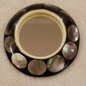 Black Compact Mirror With Abalone Accents, 3"